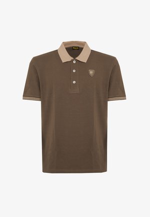 Brown short-sleeve polo shirt with beige collar, three white buttons, striped sleeve edges, and a small shield logo on the chest.