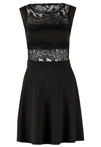 Czarna sukienka z koronkową górą w kwiatowe wzory i dopasowaną talią, rozszerzająca się w gładką spódnicę sięgającą do kolan.