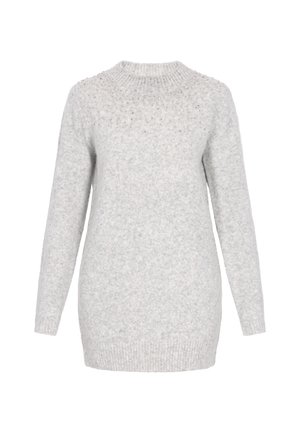 Hellgrauer Pullover aus weichem Strickmaterial mit langen Ärmeln, einem gerippten Halsauschnitt und Perlenakzenten am Kragen.