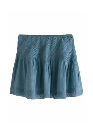 Plava suknja s lepršavim siluetom. Tekstura tkanine sadrži vertikalne nabore i čipkaste akcentne detalje na rubu. Opušten i lagan dizajn.