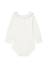 White long-sleeve onesie with a floral-patterned ruffled collar and three-button closure at the back. Soft cotton material.