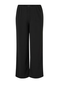 Pantalones negros de pierna ancha hechos de tela suave. Cuentan con una cintura elástica para mayor comodidad y una silueta recta sin bolsillos.