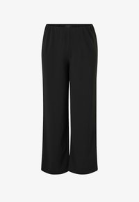 Pantalones negros de pierna ancha hechos de tela suave. Cuentan con una cintura elástica para mayor comodidad y una silueta recta sin bolsillos.