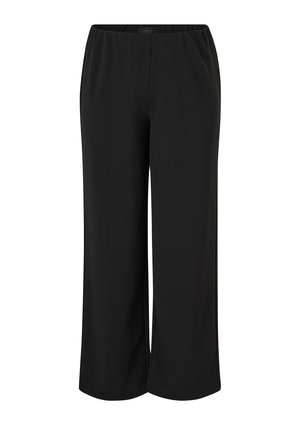 Schwarze Hosen mit weitem Bein aus glattem Stoff. Verfügen über einen elastischen Bund für Komfort und eine gerade Silhouette ohne Taschen.