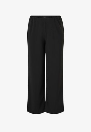 Schwarze Hosen mit weitem Bein aus glattem Stoff. Verfügen über einen elastischen Bund für Komfort und eine gerade Silhouette ohne Taschen.