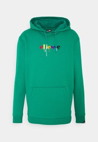 Felpa verde realizzata in materiale misto cotone, con tasca frontale, cordini e un logo multicolore che gocciola sul petto.