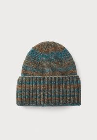 Knitted beanie hat with folded brim in mixed brown, teal, and gray yarn, showing a ribbed texture on the brim and smooth knit on top.