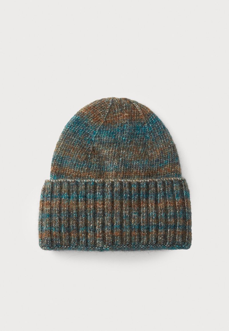 Knitted beanie hat with folded brim in mixed brown, teal, and gray yarn, showing a ribbed texture on the brim and smooth knit on top.