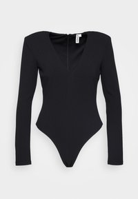 Body nero a maniche lunghe con scollatura a V profonda, realizzato in tessuto morbido, caratterizzato da un design minimalista e una forma strutturata.