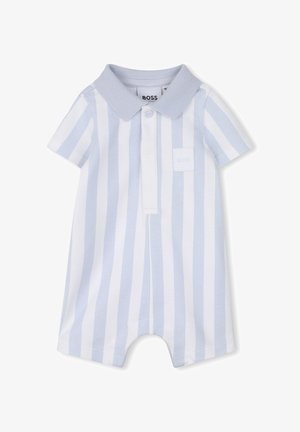 Combinaison courte pour bébé à manches courtes, rayée verticalement en bleu clair et blanc, avec un col bleu clair et une patte de boutonnage.