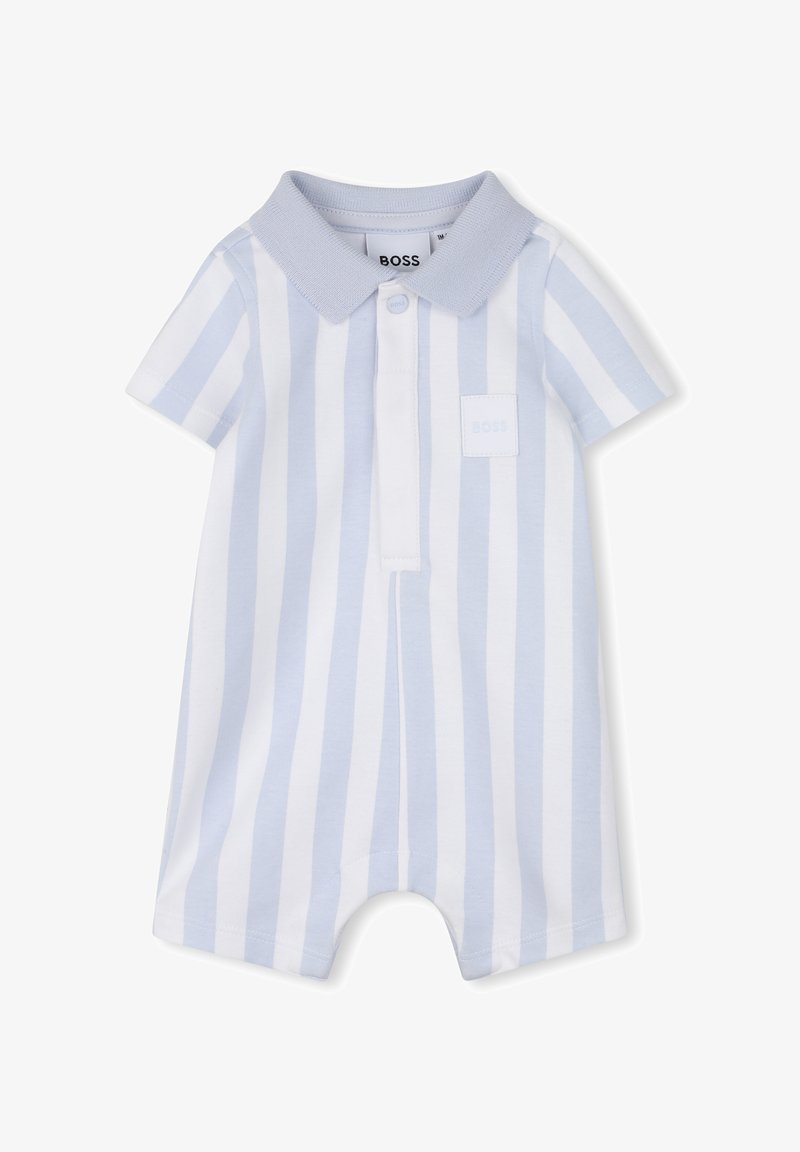 Combinaison courte pour bébé à manches courtes, rayée verticalement en bleu clair et blanc, avec un col bleu clair et une patte de boutonnage.