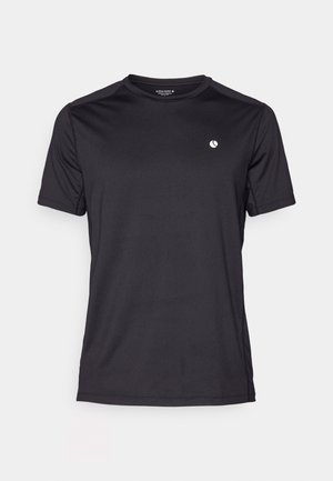 Schwarzes, kurzärmeliges Sport-T-Shirt aus glattem, leichtem Material. Verfügt über ein kleines weißes Markenlogo auf der Brust.