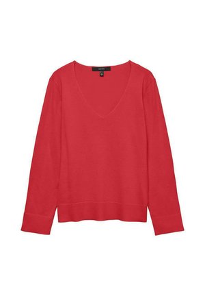 Rode lange mouw V-hals trui met geribbelde manchetten en zoom, weergegeven op een witte achtergrond.