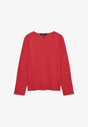 Rode lange mouw V-hals trui met geribbelde manchetten en zoom, weergegeven op een witte achtergrond.