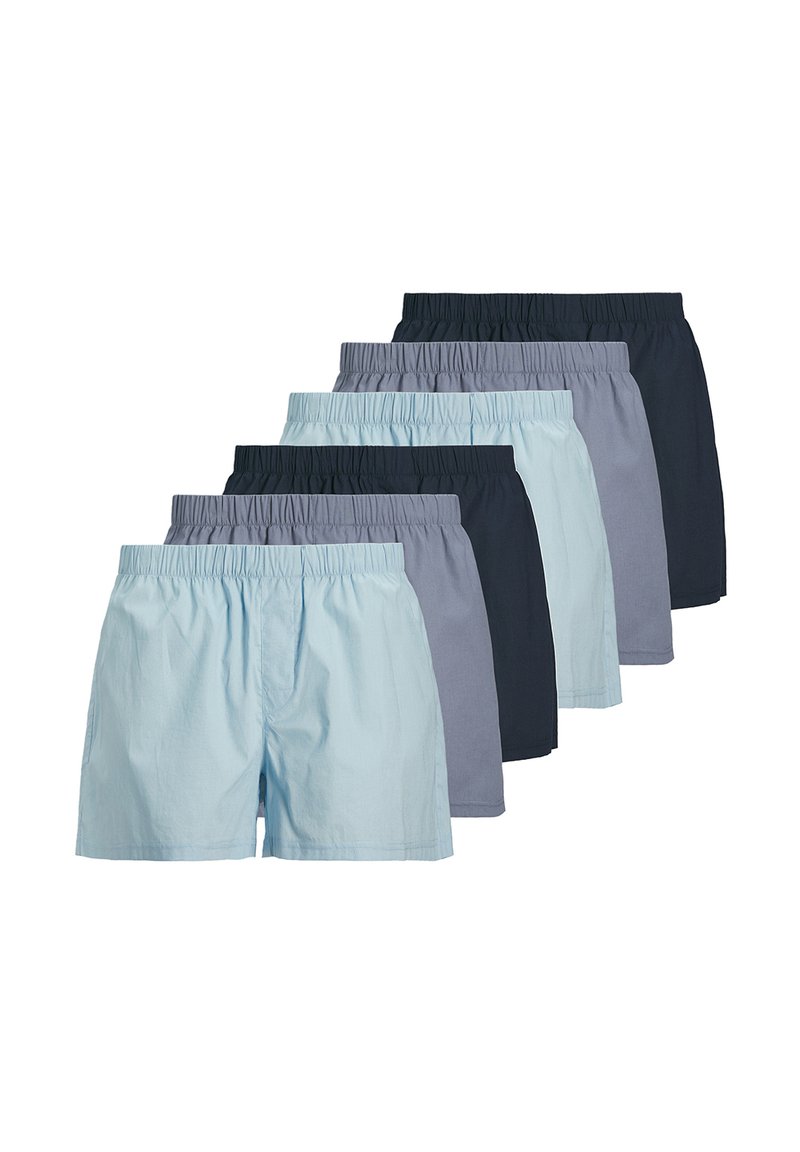 Set mit sechs Shorts in verschiedenen Blautönen und Grautönen. Bietet einen elastischen Bund und ein leichtes Material mit glatter Textur.