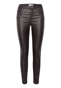 Jeans skinny en simili cuir noir avec une texture lisse, comportant deux poches zippées à l'avant et un design classique à cinq poches.