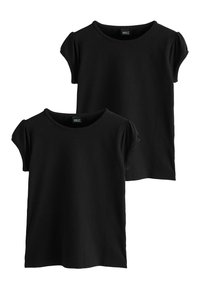 Two black cotton t-shirts featuring short puff sleeves, round necklines, and a relaxed fit. Simple design without patterns or accents.