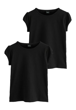 Zwei schwarze Baumwoll-T-Shirts mit kurzen Puffärmeln, rundem Ausschnitt und lockerer Passform. Einfaches Design ohne Muster oder Akzente.