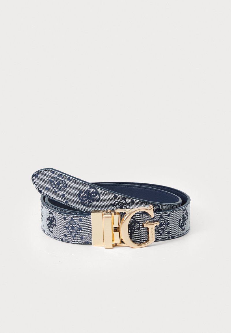 Navy patterned belt with a gold-tone "G" buckle, featuring a smooth leather backing and textile surface with decorative motifs.