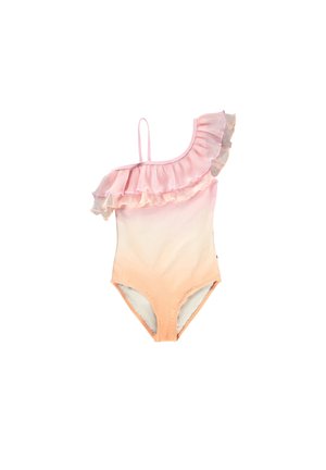 Bañador de una pieza con tirante de hombro con volantes, color degradado de rosa a naranja, tejido suave y diseño ajustado.