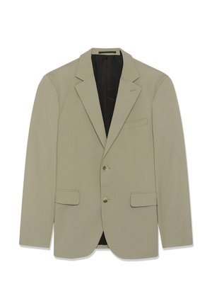 Světlé béžové sako z hladké látky, s vykrojeným klopovým límcem, dvěma předními kapsami a třemi zlatými knoflíky vpředu.