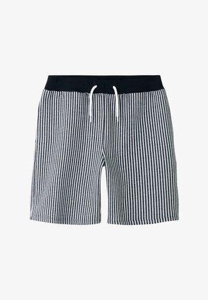 Black and white vertical striped shorts with black elastic waistband and white drawstring, casual design.