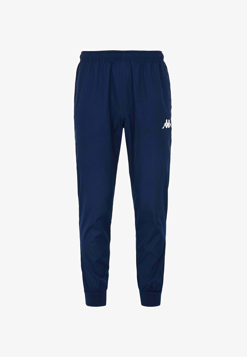 Pantaloni da jogging navy realizzati in tessuto leggero, con vita elastica, polsini e un logo bianco sulla coscia sinistra.