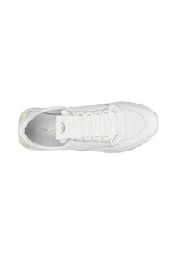 Witte leren sneakers met een perforatiedesign, voorzien van witte veters, een klittenbandsluiting en een subtiel gouden logo op de hiel.