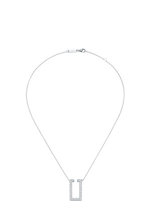 Silver chain necklace with a rectangular pendant encrusted with small clear stones, displayed on a white background.