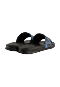 Black slide sandals featuring a textured footbed, two open straps, and a blue abstract pattern on the upper. Soft material construction.