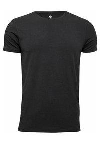 Sort kortærmet t-shirt med rund hals, lavet af glat stof, med et enkelt design uden synlige mønstre eller accenter.
