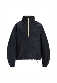 Black pullover jacket with high collar, half-zip front, elastic cuffs, drawstring hem, and contrasting light yellow zipper. Smooth texture.