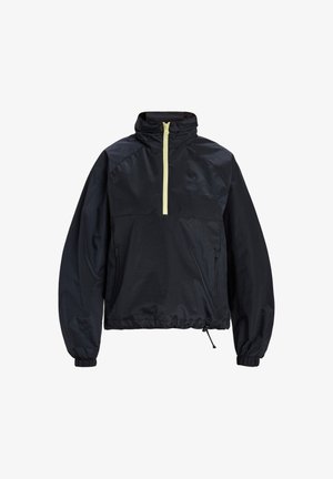 Black pullover jacket with high collar, half-zip front, elastic cuffs, drawstring hem, and contrasting light yellow zipper. Smooth texture.