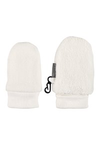 Weiße Fleece-Handschuhe mit einer weichen Textur, die über gerippte Bündchen und einen schwarzen Clip an der Seite für sichere Aufbewahrung verfügen.