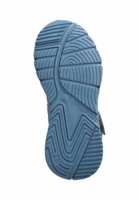 Suola di scarpa in gomma blu con un profilo di battistrada pronunciato, caratterizzata da scanalature a zigzag e circolari per una maggiore aderenza e durata.