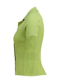 Green ribbed knit short-sleeve polo shirt with a fitted design, featuring subtle vertical lines and a buttoned collar.