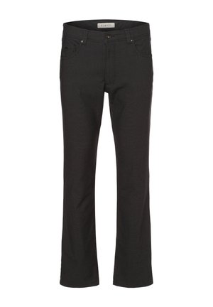 Schwarze Jeans aus strukturiertem Stoff, mit geradem Bein, fünf Taschen und einem Metallknopfverschluss an der Taille.
