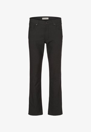 Czarne dżinsy z teksturowanej tkaniny, z prostymi nogawkami, pięcioma kieszeniami i metalowym zapięciem w talii.