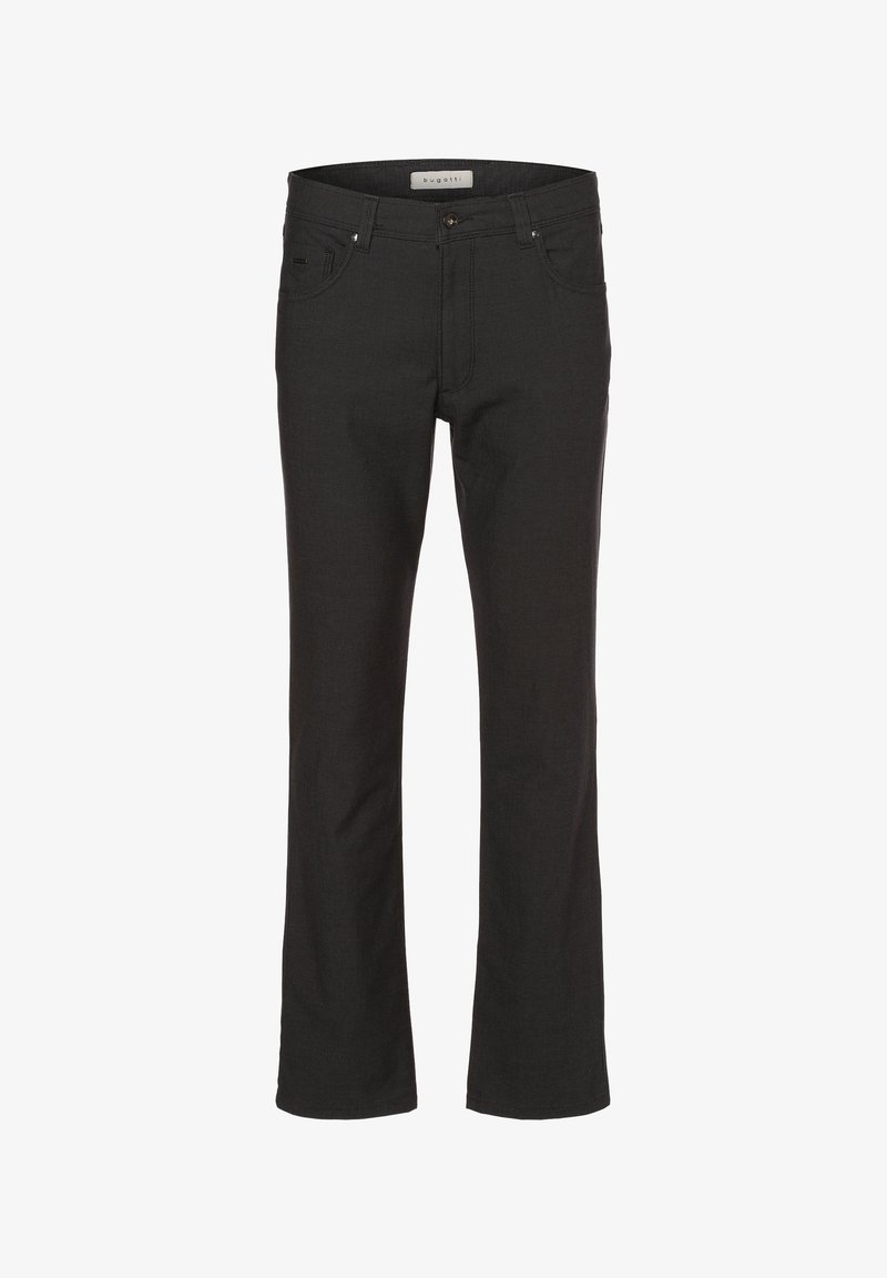 Czarne dżinsy z teksturowanej tkaniny, z prostymi nogawkami, pięcioma kieszeniami i metalowym zapięciem w talii.