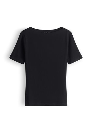 Black short-sleeve ribbed top with a wide round neckline, displayed flat against a white background.