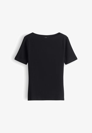 Black short-sleeve ribbed top with a wide round neckline, displayed flat against a white background.