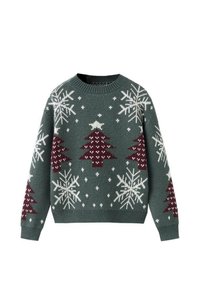 Pull en maille vert avec des flocons de neige blancs et des sapins de Noël bordeaux, avec un col rond et des poignets et un ourlet côtelés.