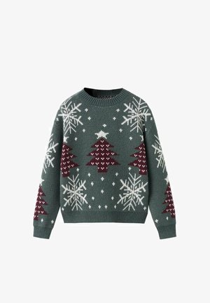 Pull en maille vert avec des flocons de neige blancs et des sapins de Noël bordeaux, avec un col rond et des poignets et un ourlet côtelés.