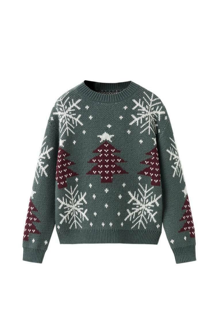 Pull en maille vert avec des flocons de neige blancs et des sapins de Noël bordeaux, avec un col rond et des poignets et un ourlet côtelés.