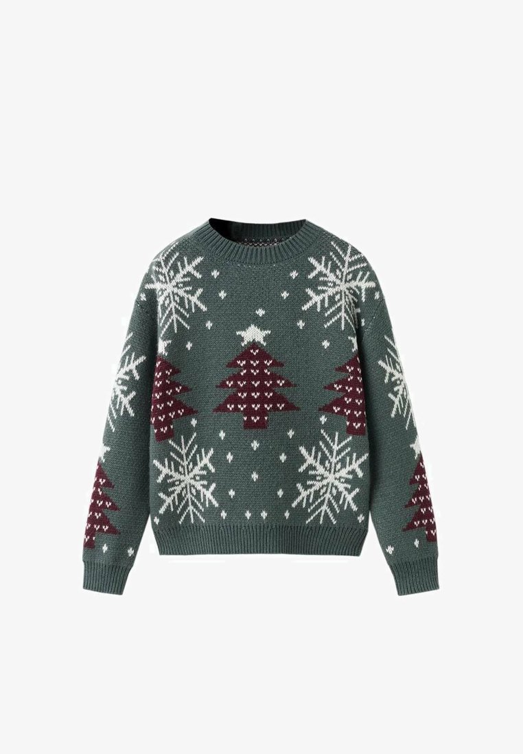 Pull en maille vert avec des flocons de neige blancs et des sapins de Noël bordeaux, avec un col rond et des poignets et un ourlet côtelés.