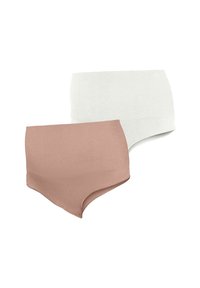 Deux paires de culottes taille haute : une en rose doux avec une texture côtelée et une en blanc, toutes deux avec des bords lisses et un design sans coutures.