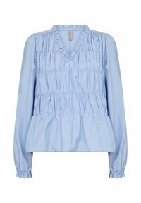 Blusa a righe blu chiaro con scollo a V, texture arricciata, maniche lunghe e polsini elastici, con rifinitura a volant lungo il collo.