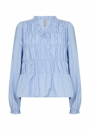 Blusa a rayas de color azul claro con escote en V, textura fruncida, mangas largas y puños elásticos, con un ribete de volantes a lo largo del escote.