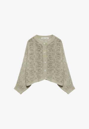 Lichtbeige gebreid vest met opengewerkt patroon, ronde hals, lange mouwen en knoopsluiting aan de voorkant.