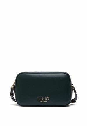 Bolso bandolera pequeño de cuero verde oscuro con cremallera dorada y correa ajustable, con el logo de LIU JO MILANO en el frente.